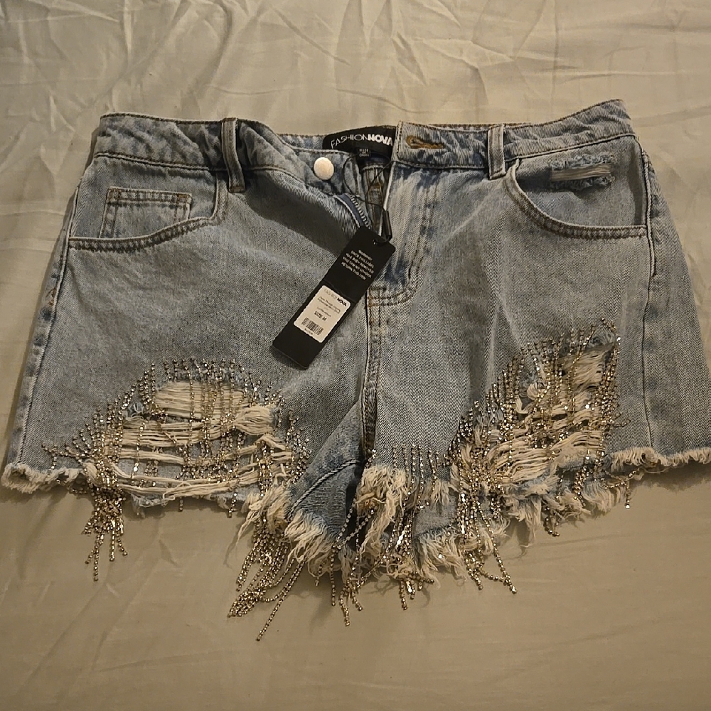 Fashion Nova Blue Jean Shorts with Distressed Hem